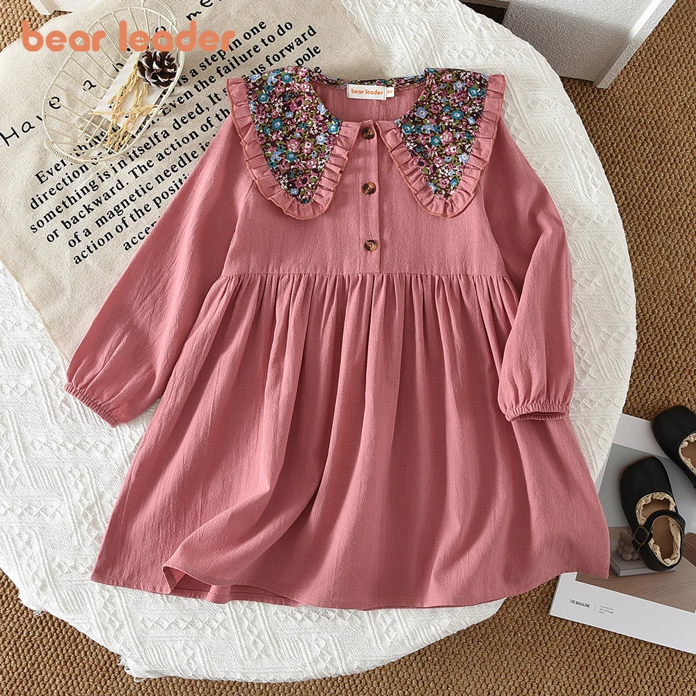Bear Leader Autumn New Wine Red Girls' Dresses Floral Lapel Long Sleeved Single Breasted Korean Version Children's Casual Dress