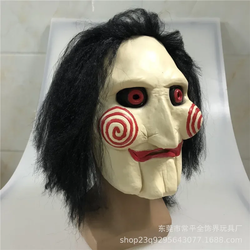 Movie Saw Chainsaw Massacre Jigsaw Puppet Masks with Wig Hair Latex Creepy Halloween Horror Scary mask Unisex Party Cosplay Prop