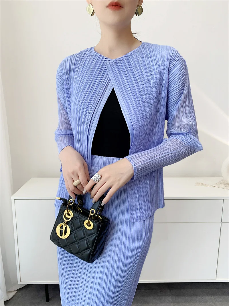 miyake pleated women's casual solid color double-layer mesh round neck long-sleeved buttonless cardigan top