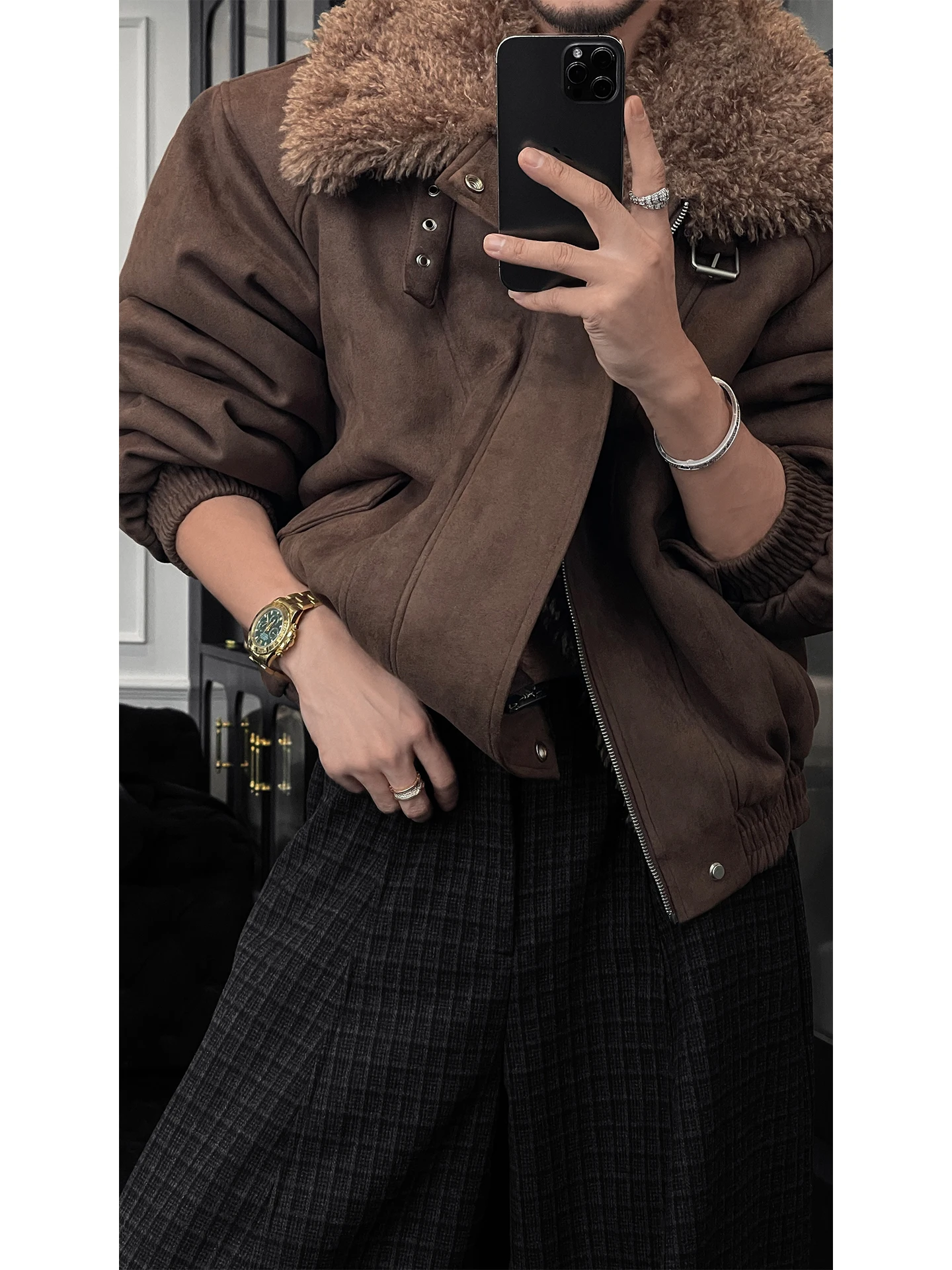 سترة رجالية جديدة لخريف وشتاء 2025 راقية على الطراز الأمريكي بتصميم كلاسيكي وياقة من الفرو الصناعي وسترات بسحاب بلون سادة معاطف مريحة فضفاضة #4