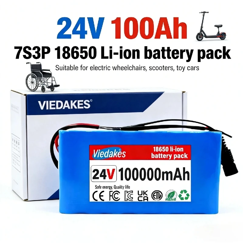 

24V 100Ah 7S3P Lithium Battery Pack with BMS and 29.4V 2A Charger for Electric Wheelchair Mobility Scooter Backup Power