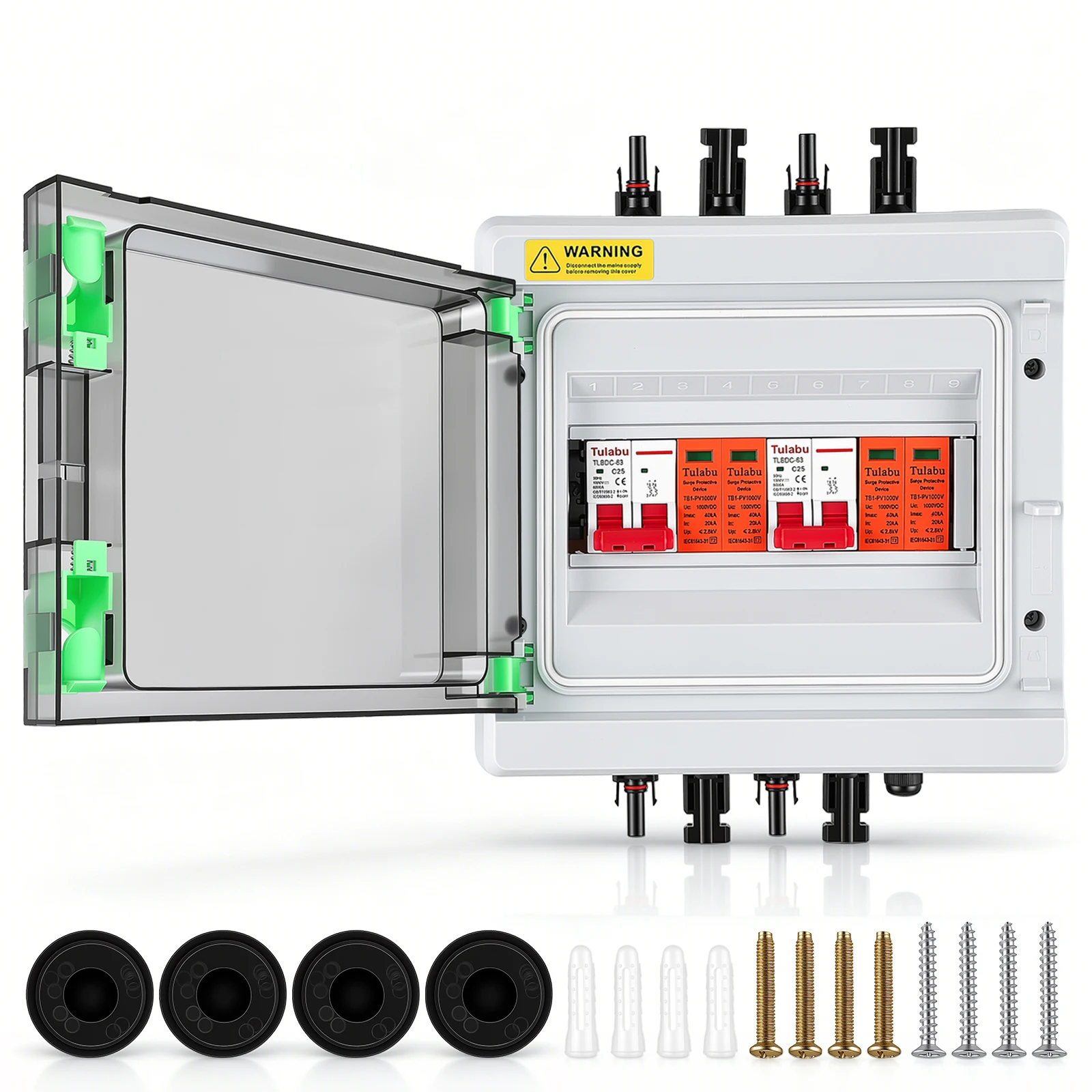 

PV Combiner Box 2-String With Surge Protection And DC Isolator Switch,1000V 32A,IP65 Includes Solar Plug & Mounting Accessories