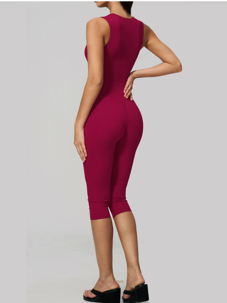 VITALINOVO Damen Ärmelloser Yoga-Romper mit eckigem Ausschnitt, einteiliger nahtloser gepolsterter Tank-Top-Jumpsuit, Capri-Leggings, Workout-Romper – Detail 9