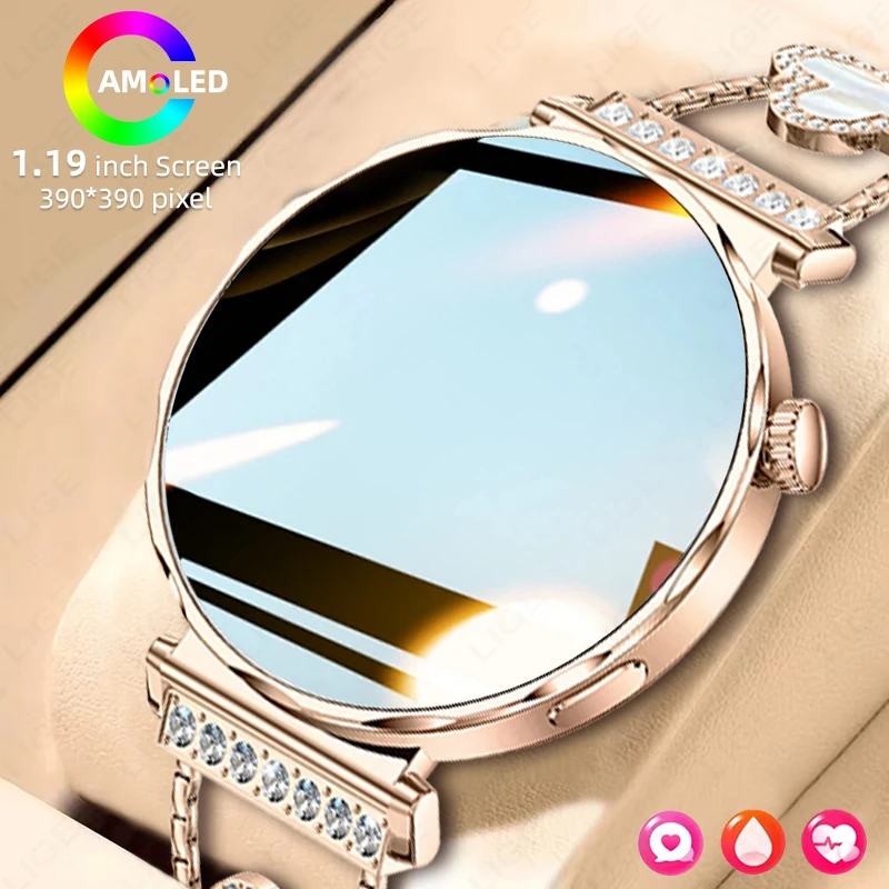 LIGE ساعة ذكية فاخرة للنساء شاشة AMOLED ساعة مخصصة قرص بلوتوث مكالمة AI صوت وسائط رياضية متعددة هدايا ساعة ذكية جديدة