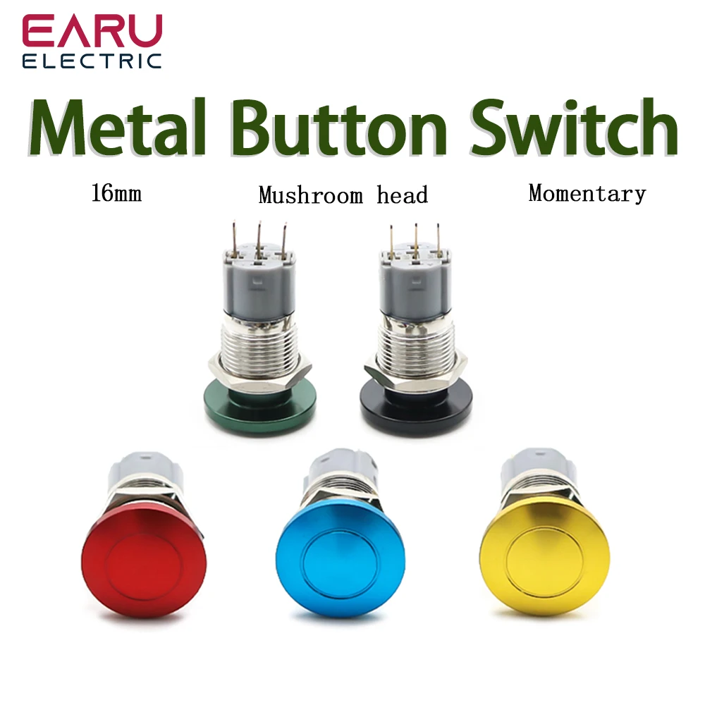 16mm Metal Mushroom Head Pushbutton Switches Waterproof Momentary Self-Reset Soldered Foot Toggle Pushbuttons Black yellow Red