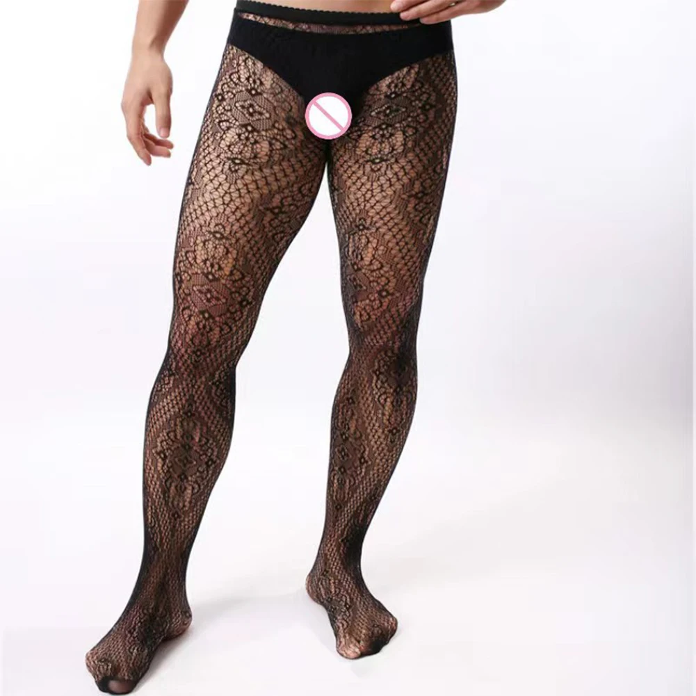 Men Sissy Body Stockings Sexy Fishnet Transparent Pantyhose Lace Sheer Mesh Underwear Hollow Out Tights Pants Gay Erotic Wear