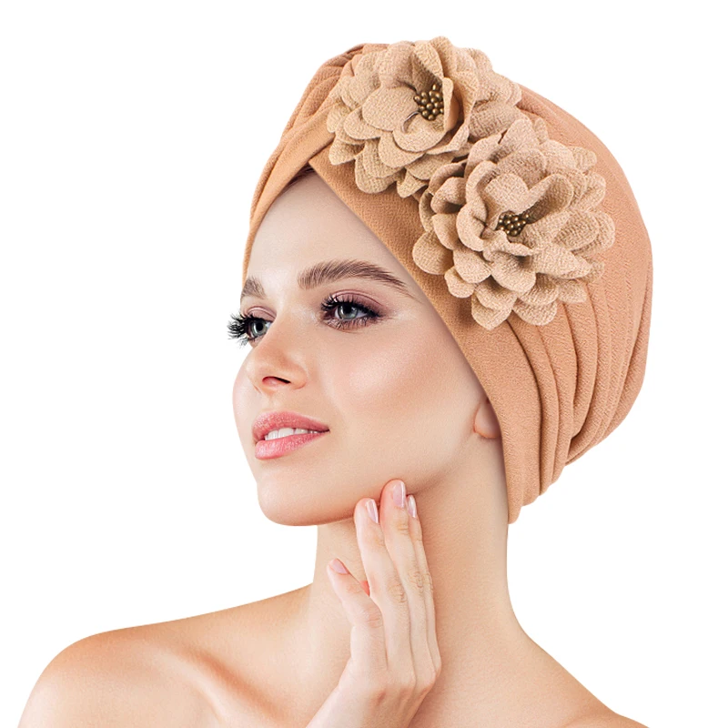 Women New Wrinkle Turban Ethic Style Wrap Head Hat Three-Dimensional Flower Solid Color Headscarf Lady Chemotherapy Cap Headwear