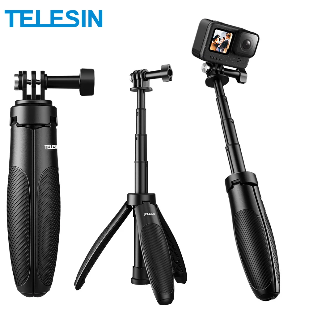 TELESIN Mini Quick Release Selfie Stick Tripod Portable Adjustable Length for GoPro 12 13 Insta360 X4 DJI Osmo Action 4 3 Camera