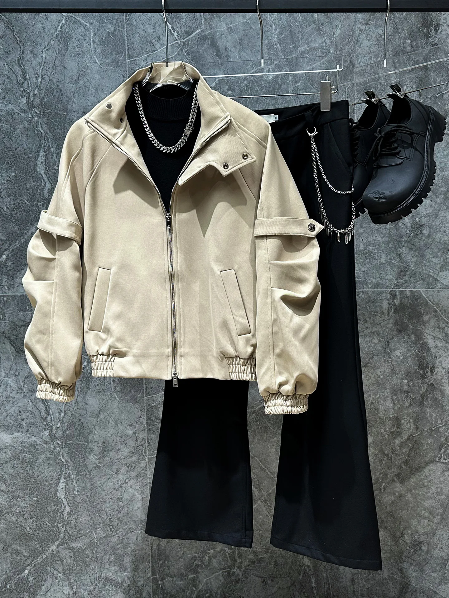 

Retro Stand Collar Men's Jaet American High Street Pleated Design Hip Haome Autumn Winter New Sle Trendy Outerwear