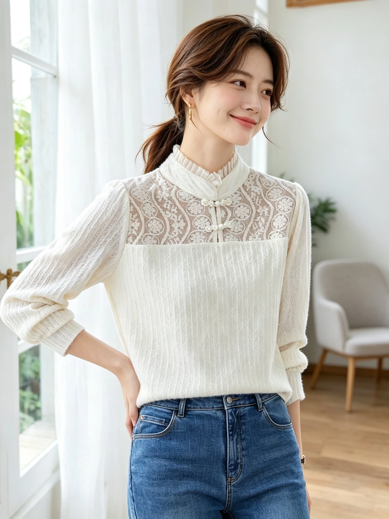 New Chinese Style Long Sleeve Lace Base Shirt Autumn Winter Thickened Inner Wear Fashionable Traditional Pattern Women's Top