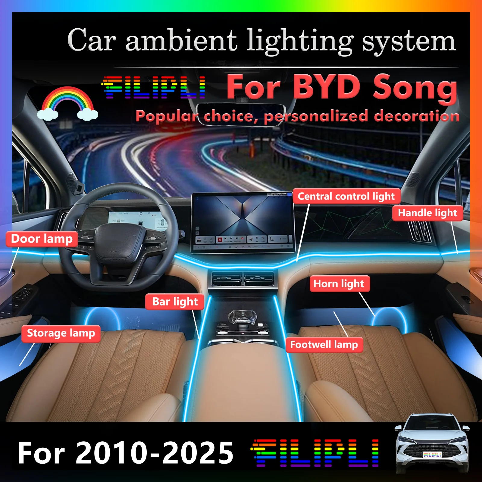 

For BYD Song Smart Remote Control RGB 64 Colors LED Car Interior Ambient Light Energy Saving Efficient Lamp Kit