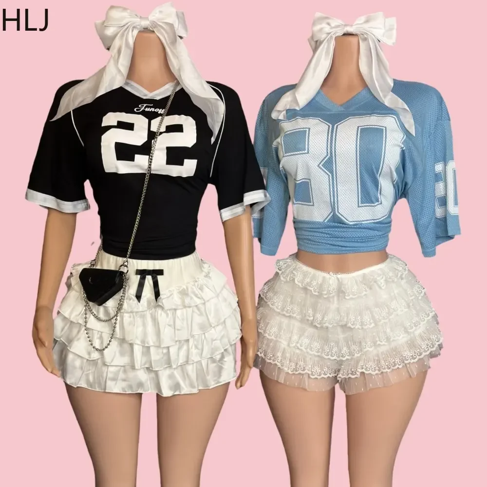 

HLJ Stripe Letter Fashion Streetwear Women V Neck Loose Tshirt And Bow Ruched Mini Skirts Two Piece Sets Sweet Y2K 2pcs Outfits