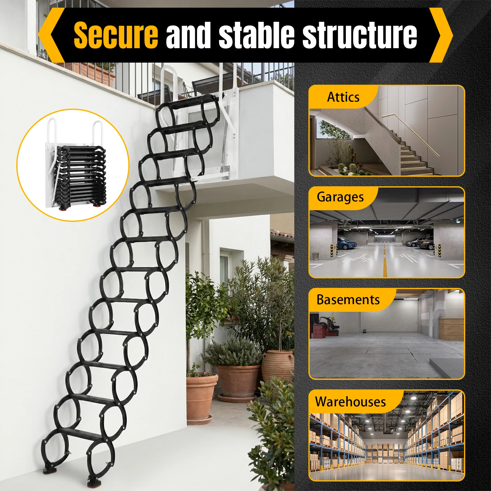 

Hidden Mount Attic Extension Stairs Pull Down System Space-Saving Collapsible Stair 440LBS Capacity for Garages/Roofs/Basements