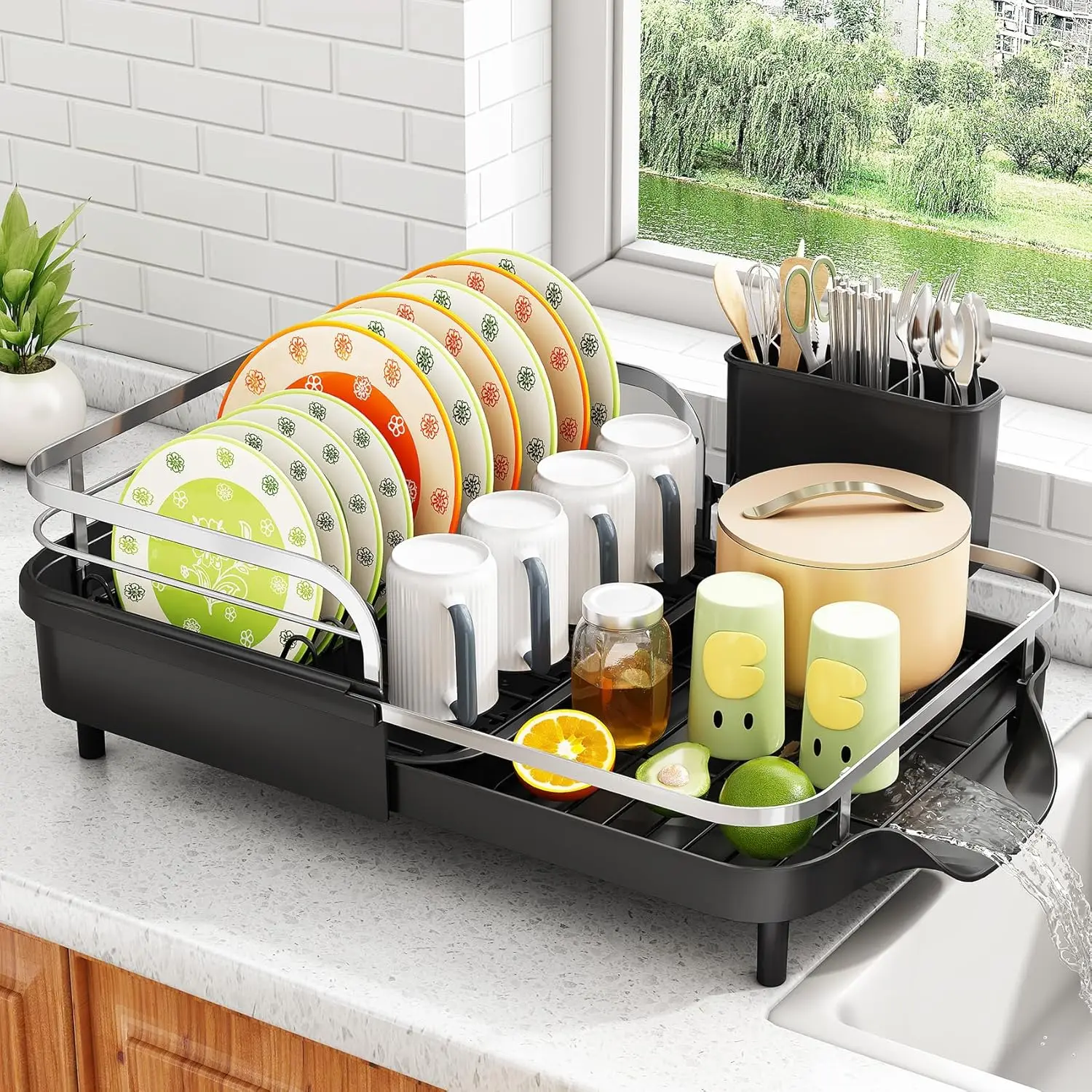 

Expandable Dish Drying Rack with Utensil Holder and Raised Guardrail, Rust-Resistant Kitchen Counter Drainer for Cups and