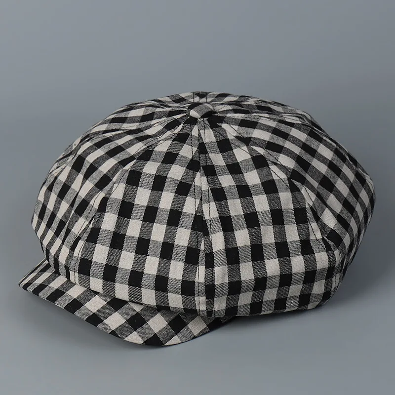 Casquette octogonale pour femmes et hommes, chapeau Newsboy à carreaux, accessoire respirant pour l'extérieur, l'été, le printemps et l'automne, voyage décontracté