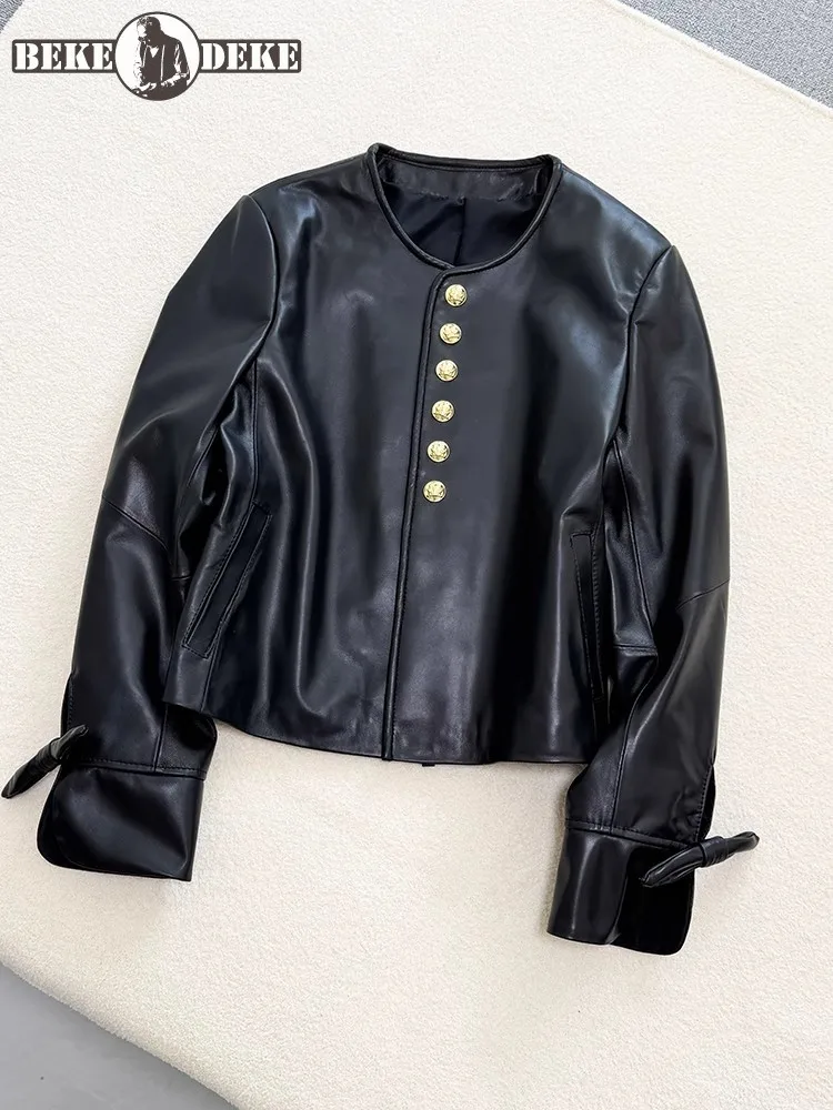 

Новая осенняя женская куртка из овчины из натуральной кожи с бантом и длинным рукавом с круглым вырезом, однобортная милая женская мотоциклетная верхняя одежда, пальто