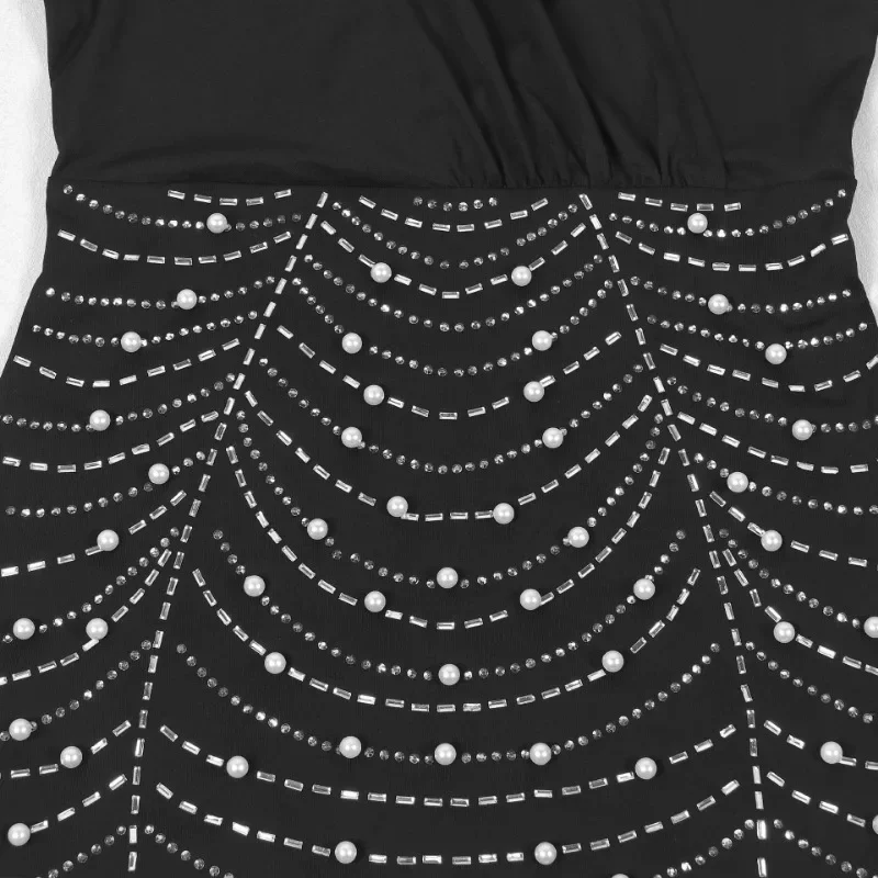 Pearls Rhinestones Bodycon Mini Club Party Dress Women Sexy Deep V-neck Sheer Mesh Long Sleeve Ruched Slim Birthday Outfits