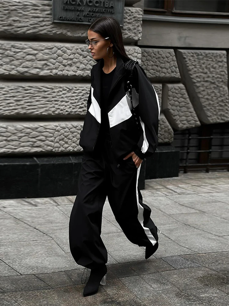 Getäfeltes, langärmliges, übergroßes Oberteil, Hosen-Sets für Damen, Streetwear, Laternenärmel, Reißverschluss, lockerer Mantel, Hose mit weitem Bein, modische Sportbekleidung – Detail 25