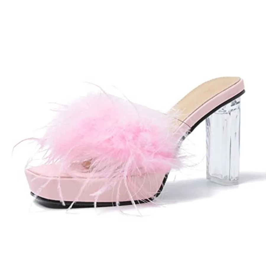 

Women's Square Toe Platform Chunky Heel Slip on Sandals Feather Fuzzy Heels Mules Wedding Bridal Party Dress Shoes