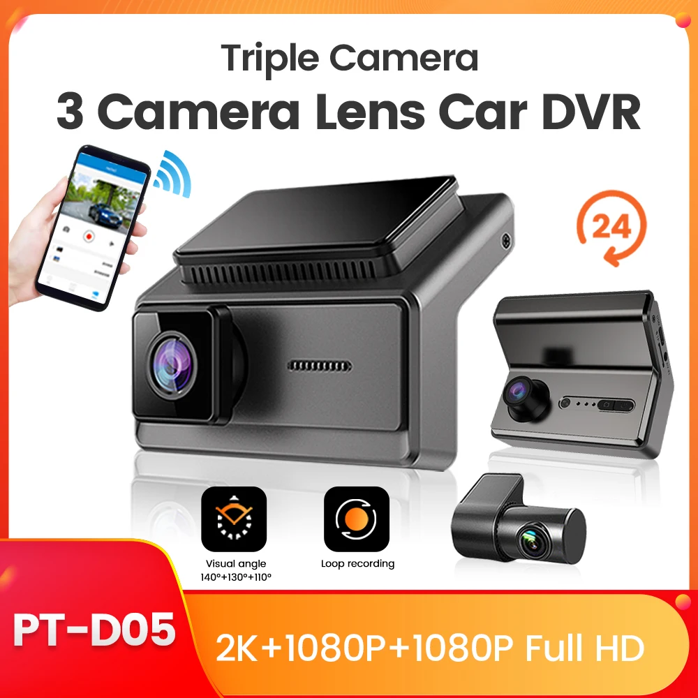 

2K+1080P+1080P Car Dashboard Camera with Front Center and Rear HD Dash 3 Camera Lens Support Night Vision Car DVR Record parking