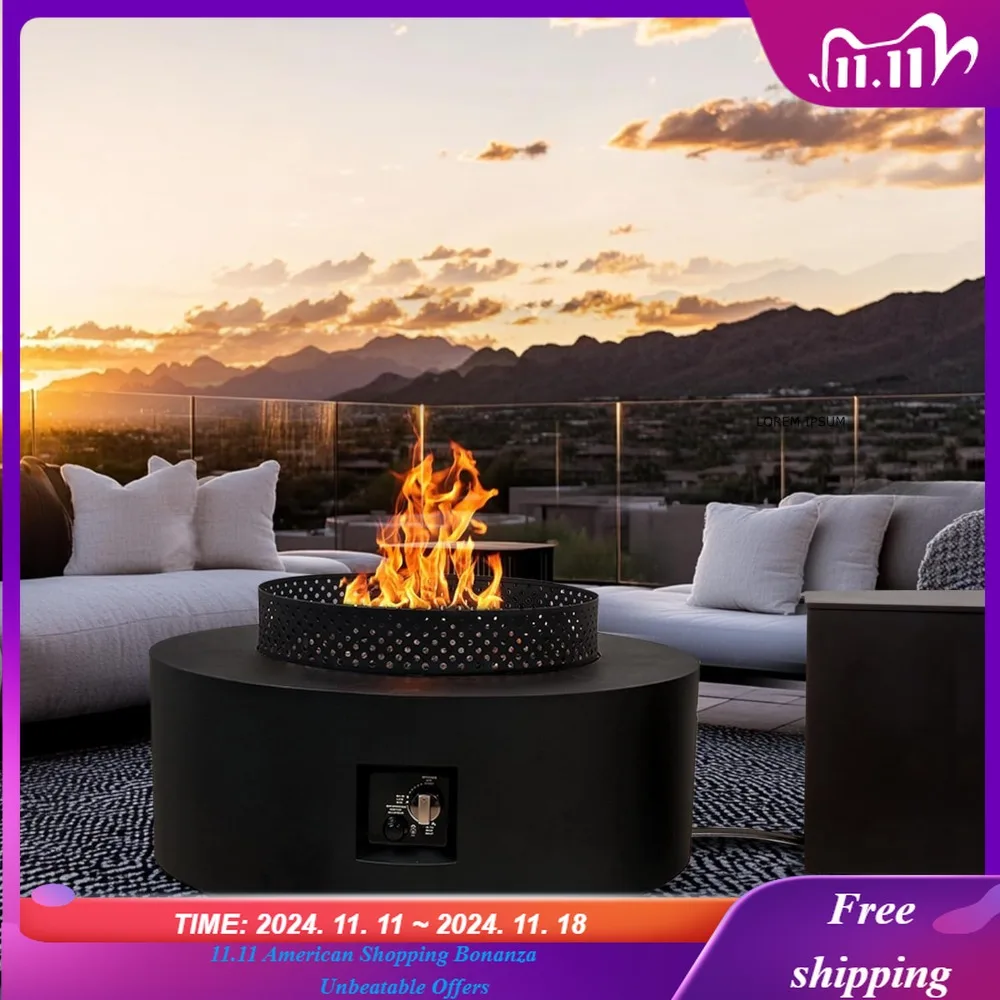

3-Piece Outdoor Fire Pit Table, 32 Inch Propane Fire Table 65,000 BTU Black Round Gas Firepit, Baking Sheet, Wind Guard