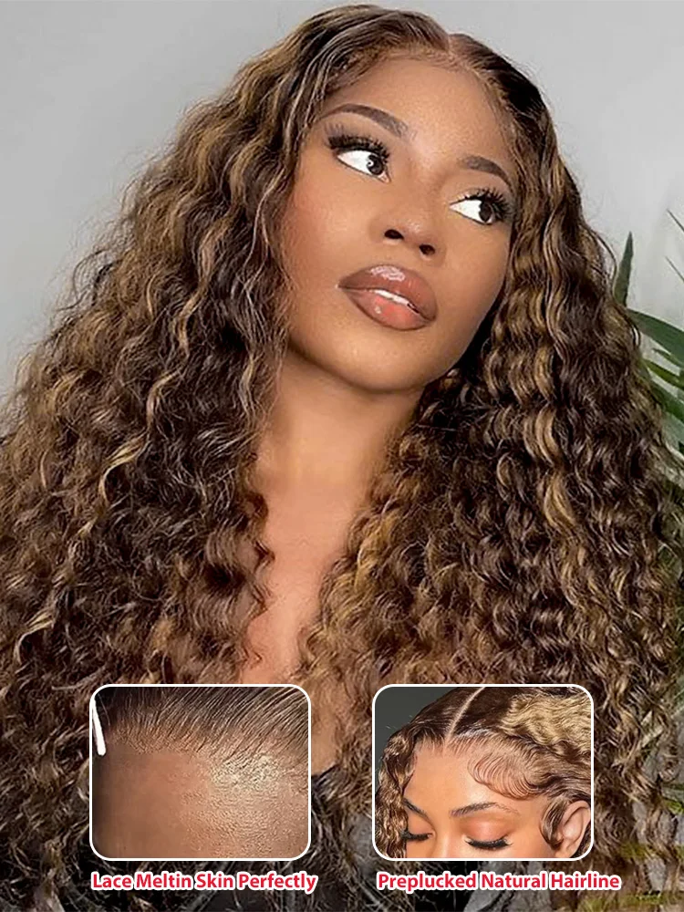 250 Density Brown 30 40 Inch HD 13x4 Deep Wave 427 Human Hair Lace Front Curly 13x6 Water Wave Highlight Ombre Lace Frontal Wig