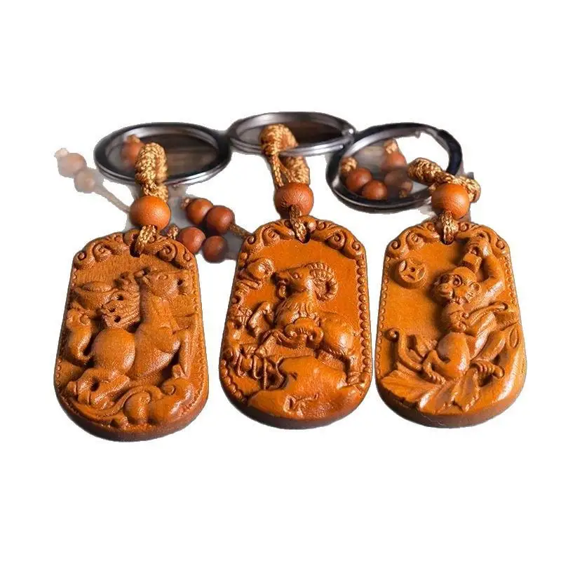 Natürlicher Schlüsselanhänger aus Pfirsichholz mit chinesischem Tierkreiszeichen, handgeschnitzt, Glücksbringer für den täglichen Gebrauch, Geschenk für Freunde und Familie – Detail 3