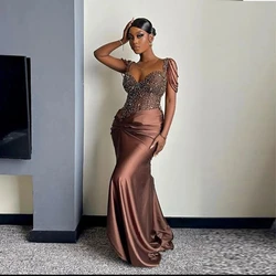 2024 Chocolate Brown Pearls Beaded Prom Dresses Women Wedding Party Dress Ruched Satin Black Girls Long Evening Gowns African