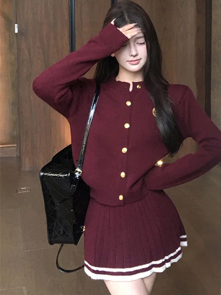 Autumn Winter Women Korean 2000s Vintage Preppy Old Money Outfits 2 Piece Set Long Sleeve Cardigan Sweater + Mini Pleated Skirts