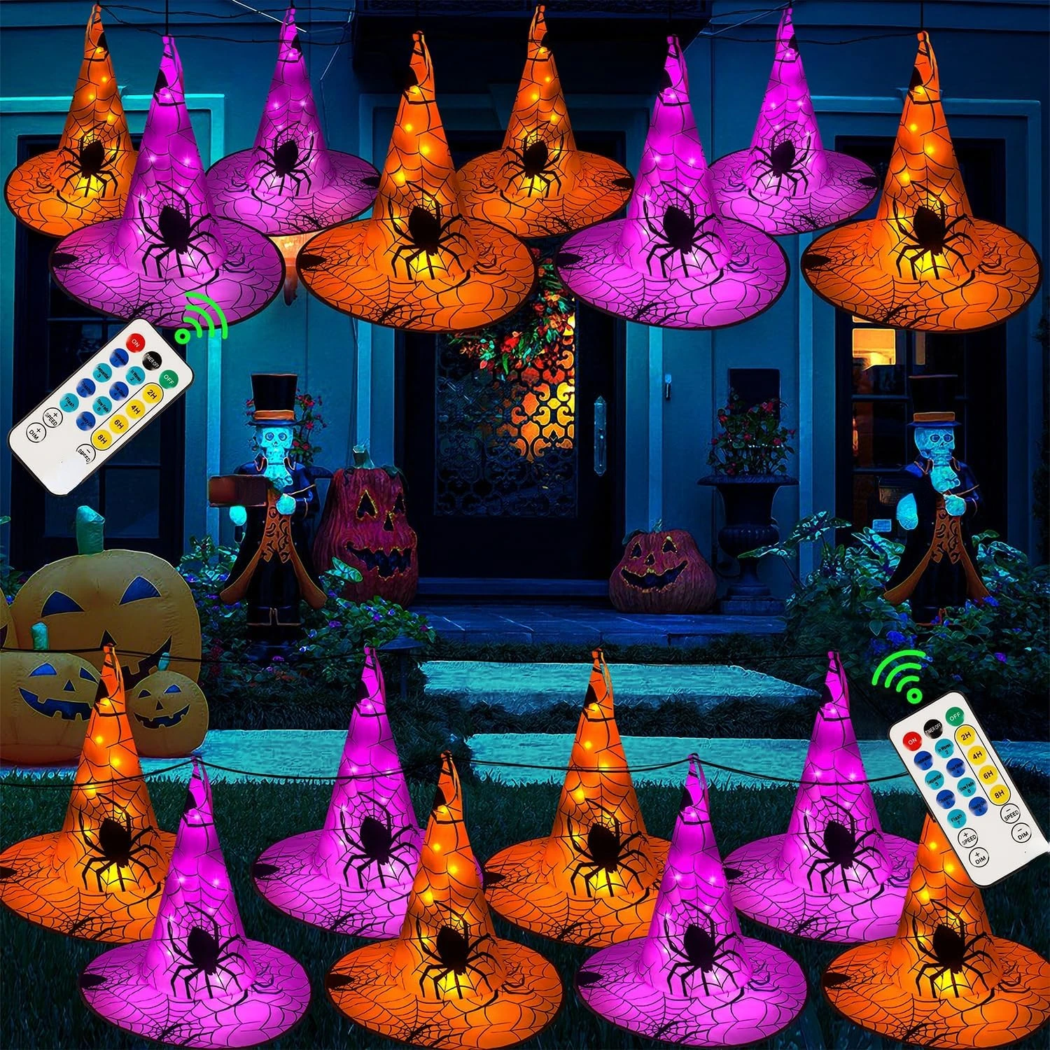 2 Pack Halloween Decorations, 8Pcs Each Lighted Hanging Witch Hats, Remote Control with 8 Modes Light Up