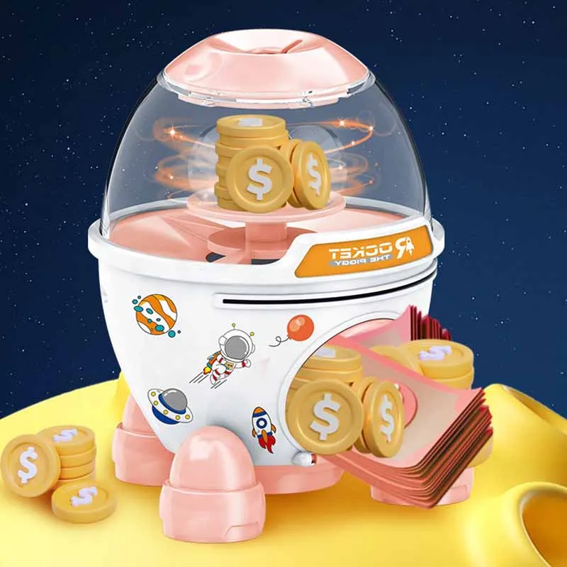 

New Kids Simulation Piggy Bank Creative Cartoon DIY Stickers Astronaut Spinning Rocket Piggy Bank Toys Children Play House Toys