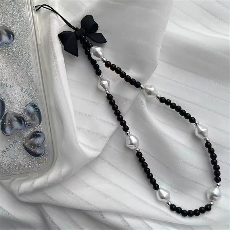 Cordão de Corrente XYu com Laço Preto 3D Fofo Coreano e Contas Brancas para iPhone, Pingente de Joia Feminina para Decoração