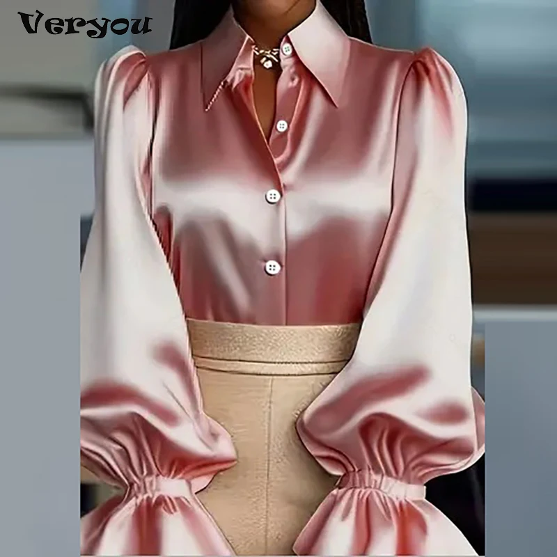 ربيع الخريف المرأة بلوزات طويلة الأكمام رفض طوق زر قميص المرأة موضة نفخة الأكمام مكتب سيدة القمم #1