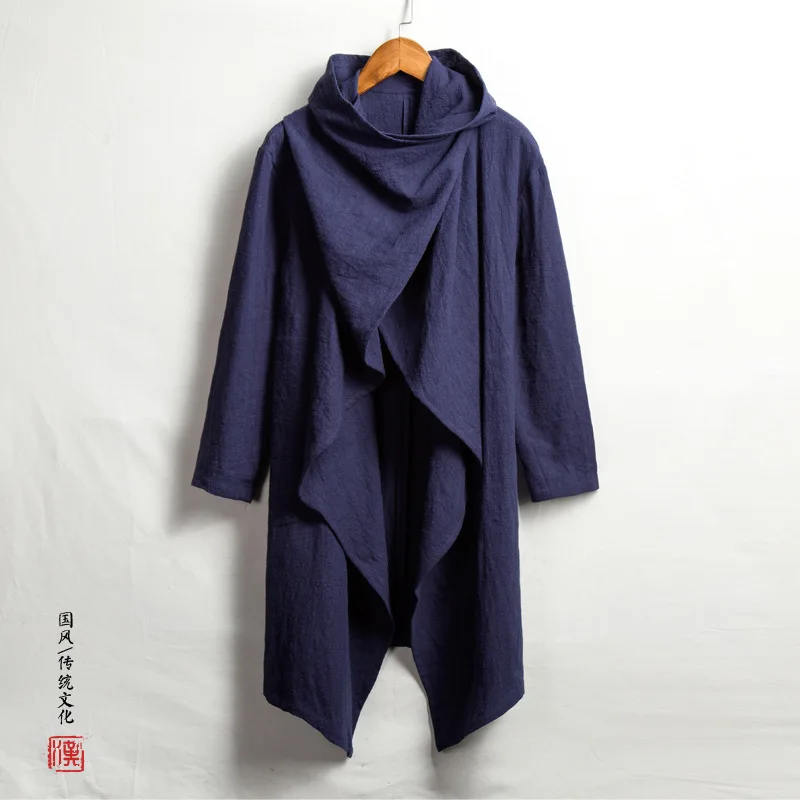 Autumn New Chinese Style Men's Clothing Cotton And Linen Zen Medium And Long Trench Coat, Linen Long-sleeved Cape Men