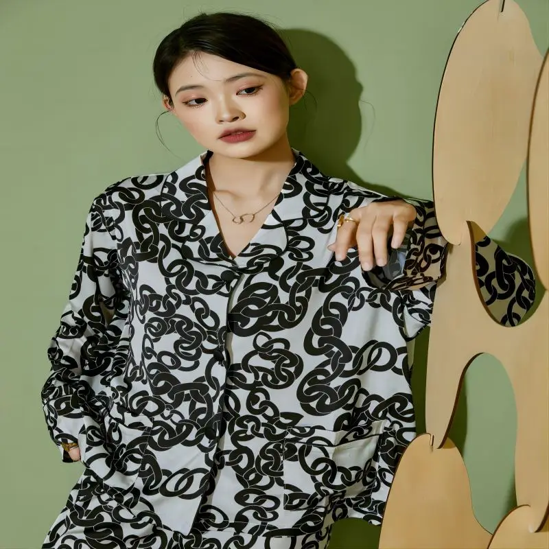 SXTHAENOO Women's Pijama Long Sleeve Fashion Print Female Loose Trouser Suit Ice Silk Pajama For Female Sleepwear Pijama Mujer