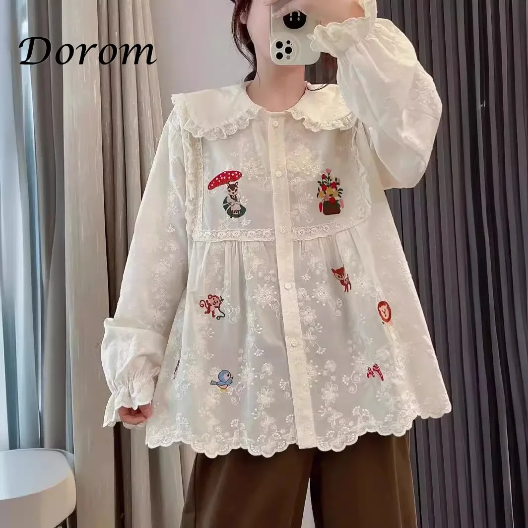 Vintage Embroidery White Cotton Linen Shirt Women Autumn Peter Pan Collar Button-up Blouses Japanese Preppy Mori Girl Kawaii Top