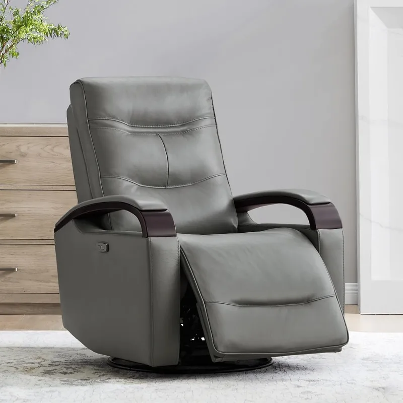 Genuine Leather Power Swivel Glider Rocker Recliner, FSC Certified USB Charge Power Headrest Wooden Contrast