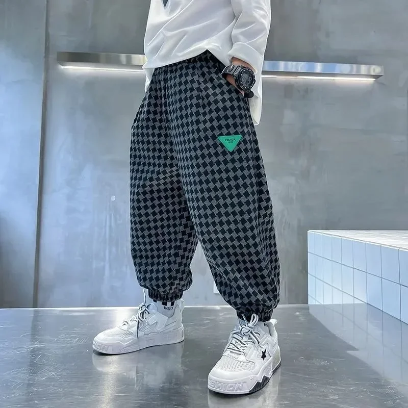 

Модные хлопковые клетчатые штаны для мальчиков, весенне-осенние уличные повседневные детские свободные брюки для малышей, спортивные штаны для детей-подростков, одежда