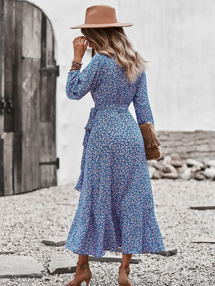 Msfilia Spring Autumn Long Bandage Print Dress For Women V Neck Full Sleeve Hight Waist Winter Maxi Dresses Ladies Elegant