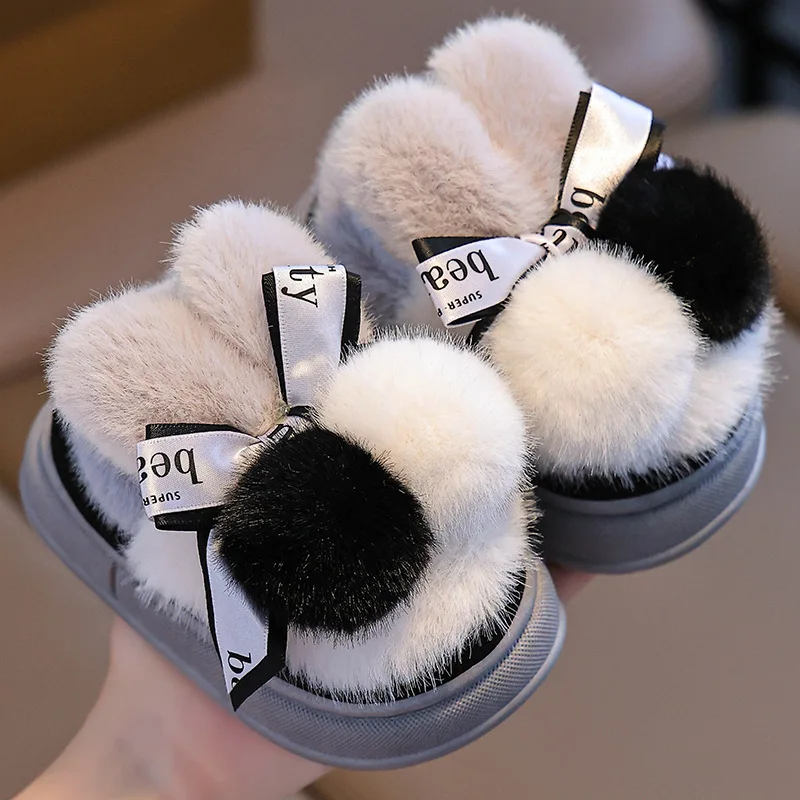 Cute Rabbit Girls Slippers Bow Pom Pom Faux Fur Soft Toddler Children Slippers Winter Plush Warm Kids Home Shoes