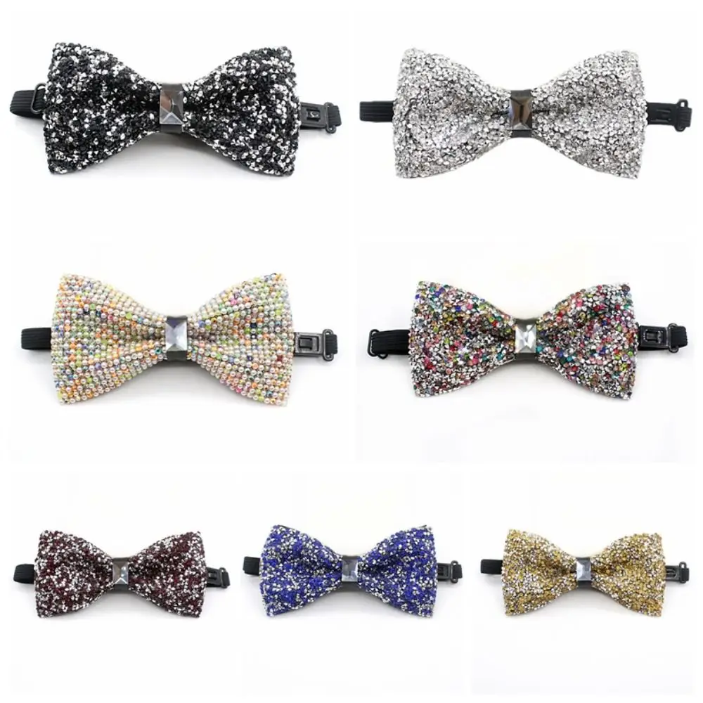 Luxury Polyester Fabric Rhinestone Bow Tie Adjustable Bowknot Necktie Neck Decoration Wedding