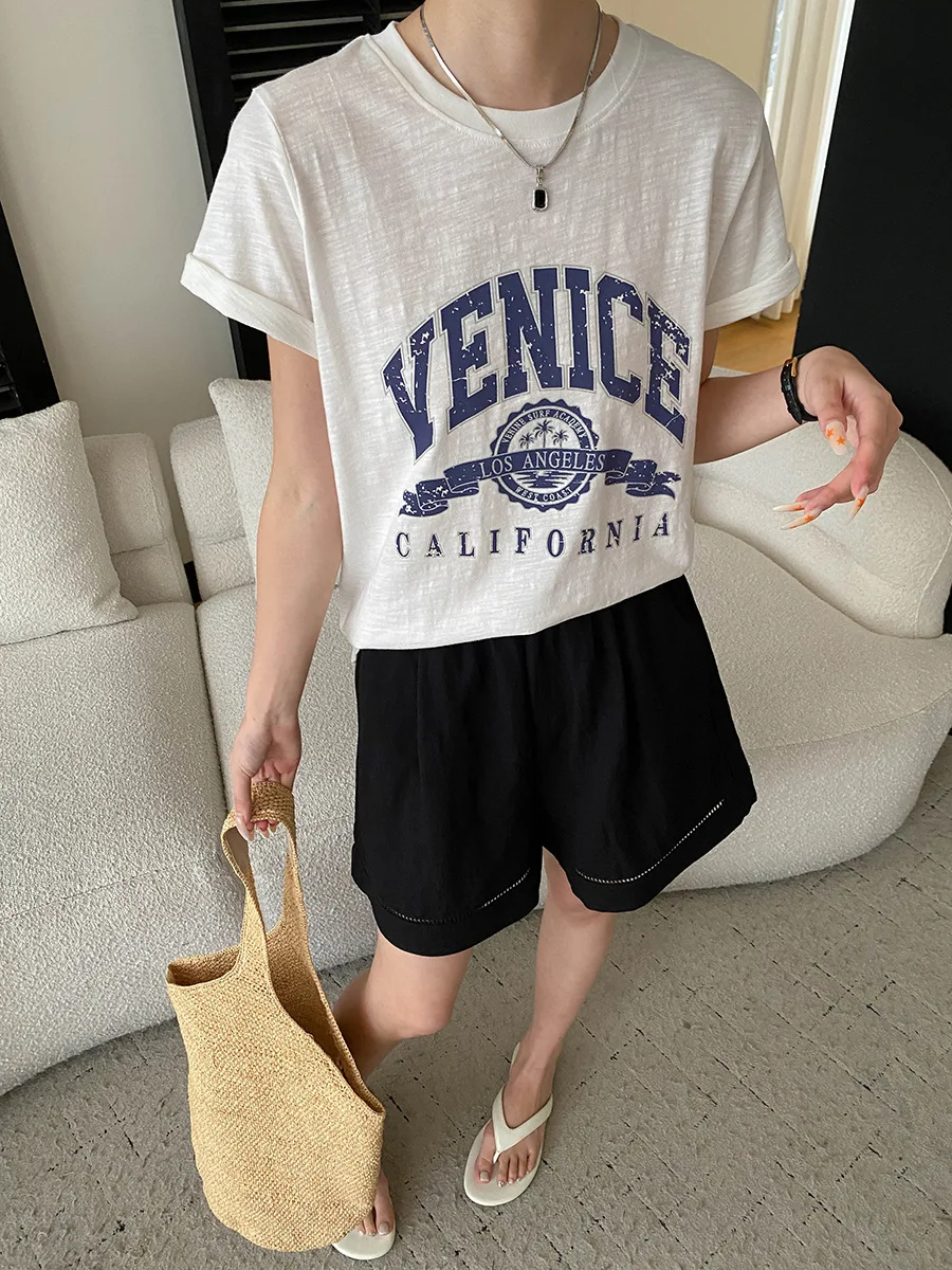 Sommerliches Damen-T-Shirt im lässigen amerikanischen Retro-Vintage-Stil mit Buchstaben-Print, Rundhalsausschnitt und kurzen Ärmeln – Detail 19