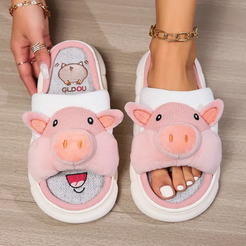 Piggy Cute Linen Slippers Women's Four Seasons Home Room Sweat Absorbing and Deodorant Thick Bottom Spring and Linen Sandals