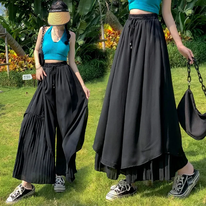 

Black Chiffon Wide-Leg Pants Women High-Waisted Loose Summer Plus Size Trousers fashion Women's pantskirt Elastic Waist Culottes