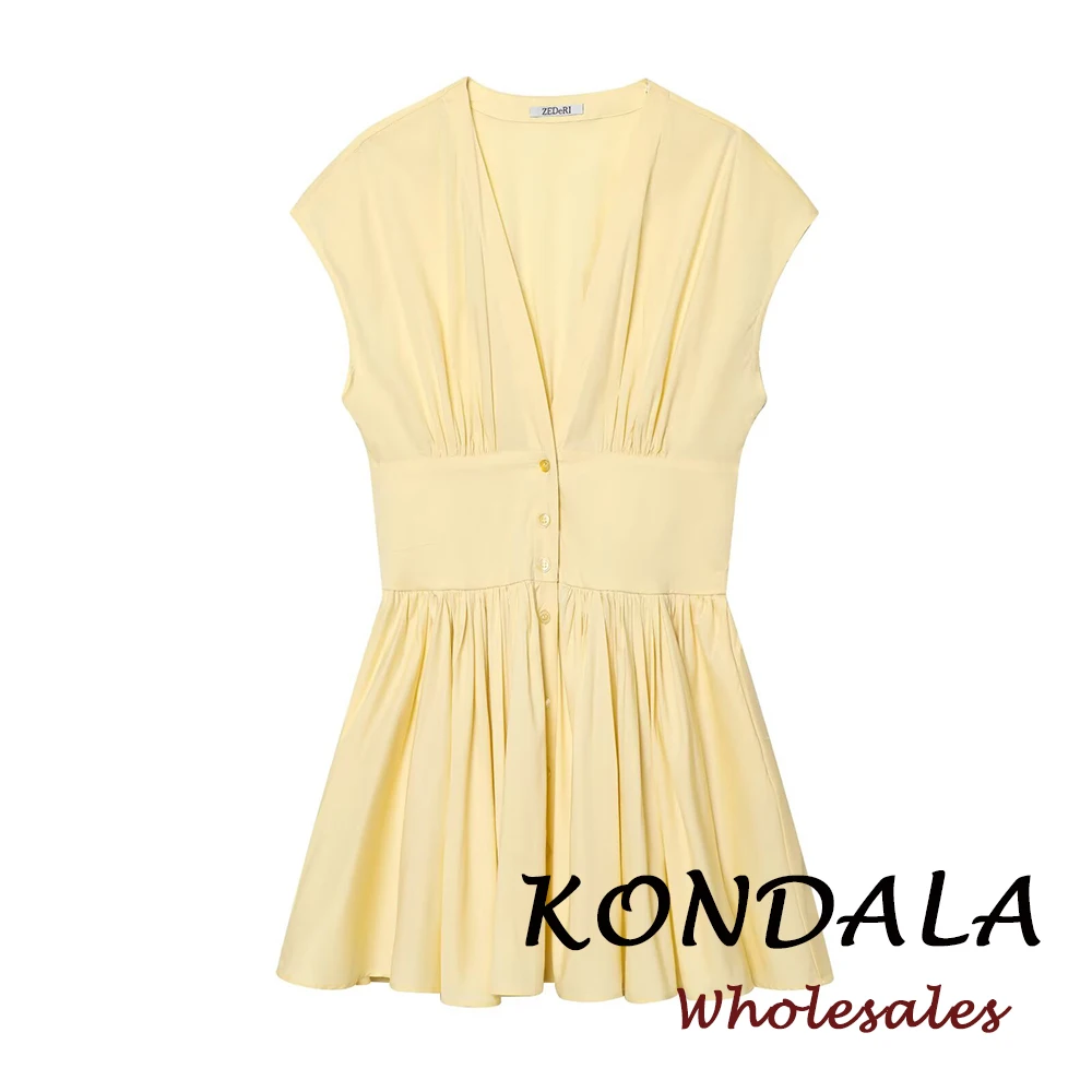 KONDALA Mode 2026 Frühling Damen Tank-Kleid mit Falten Gelbes Sweetheart Mini-Plissee-Kleid Drapiertes V-Ausschnitt Party Modernes Vestidos