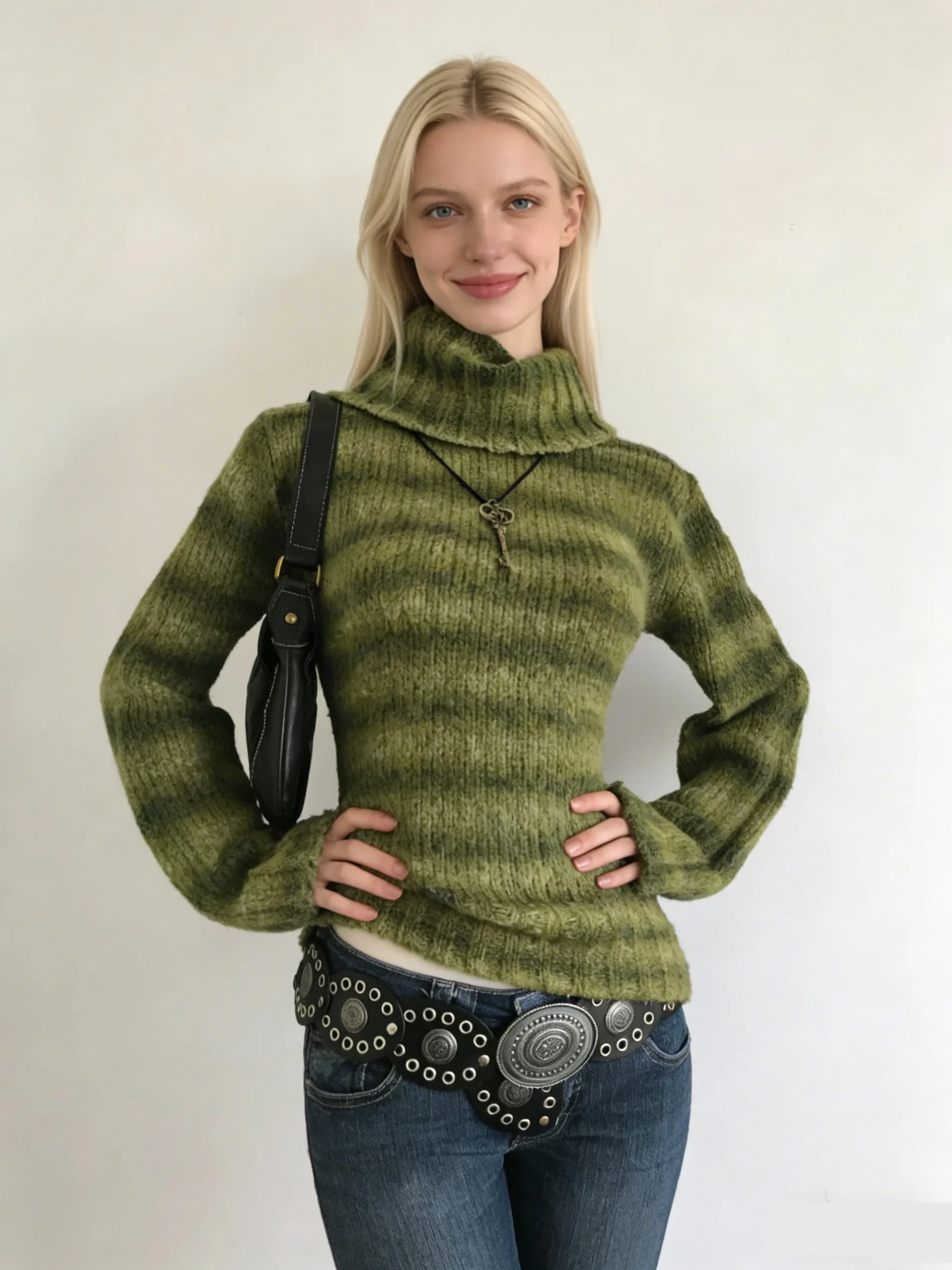 

Personalized Striped Long Sleeve Autumn and Winter New All-Matching Slimming Design Knitwear Pullover Turtleneck Sweater Women