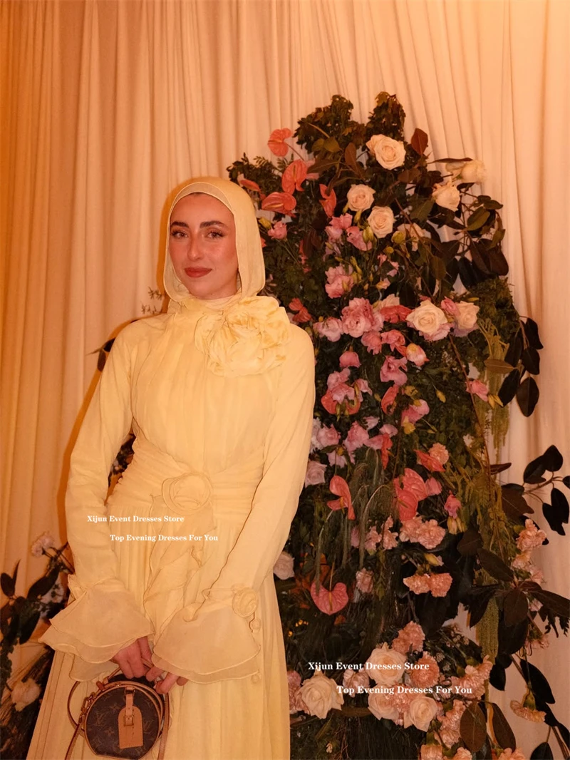 Xijun Baby Yellow Chiffon Evening Dresses Full Sleeves 3D Flowers Pleated Long Prom Dresses Formal Dubai Prom Gowns Customized