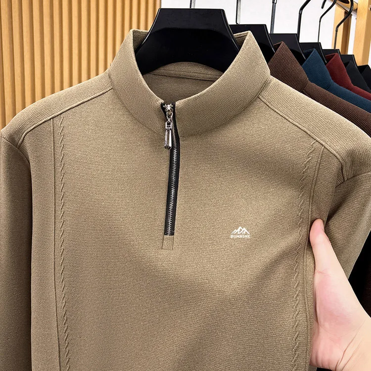 Middle Aged Men's Hoodie with Semi High Collar Zipper Stand Up Collar Long Sleeved Autumn Mid Year Patchwork Top