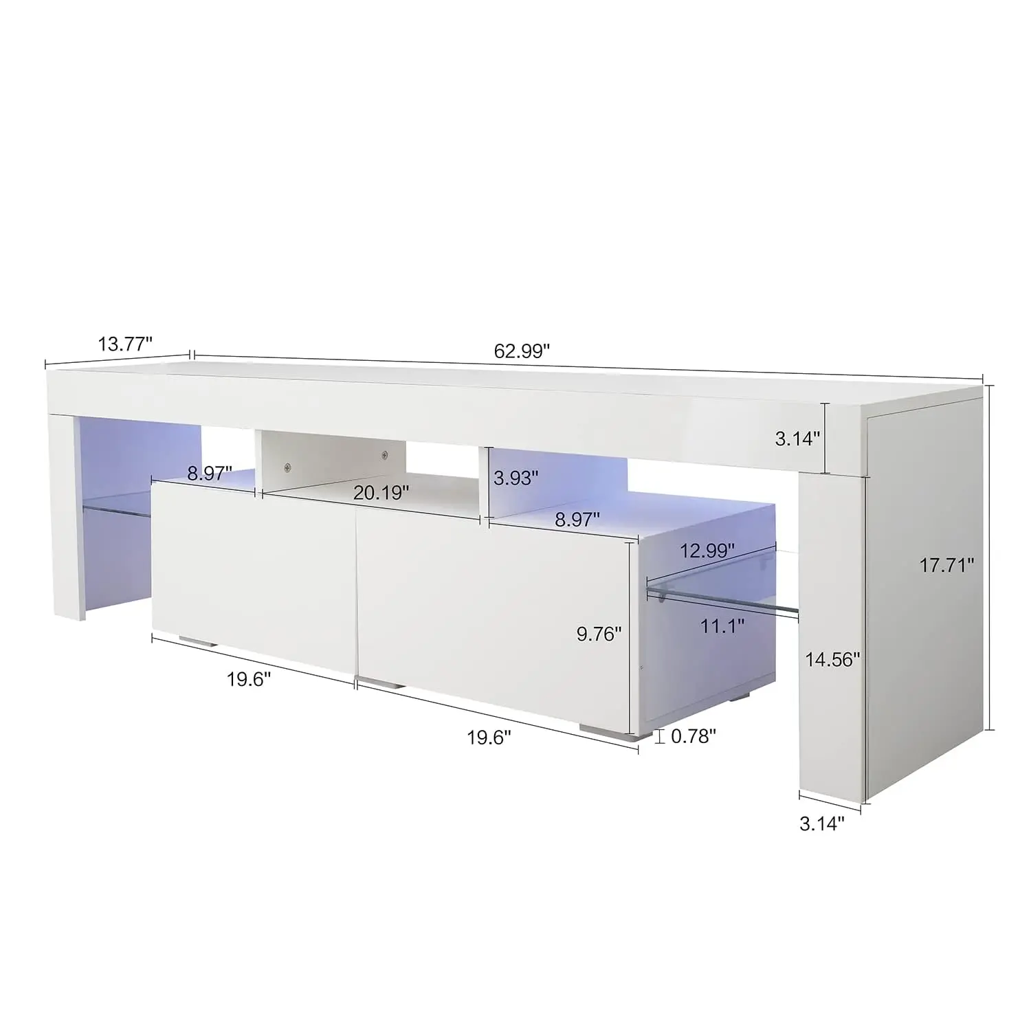 White Modern TV Stand LED Lights Storage Drawers, 63 Inch Entertainment Center Open Shelves for Living Room Bedroom, Customized