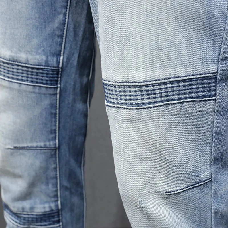Street Fashion Men Jeans Retro Light Blue Stretch Slim Fit Spliced Biker Jeans Men Patched Designer Hip Hop Denim Pants Hombre